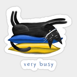 Cartoon black cat on soft pillows and the inscription "Very busy" Sticker